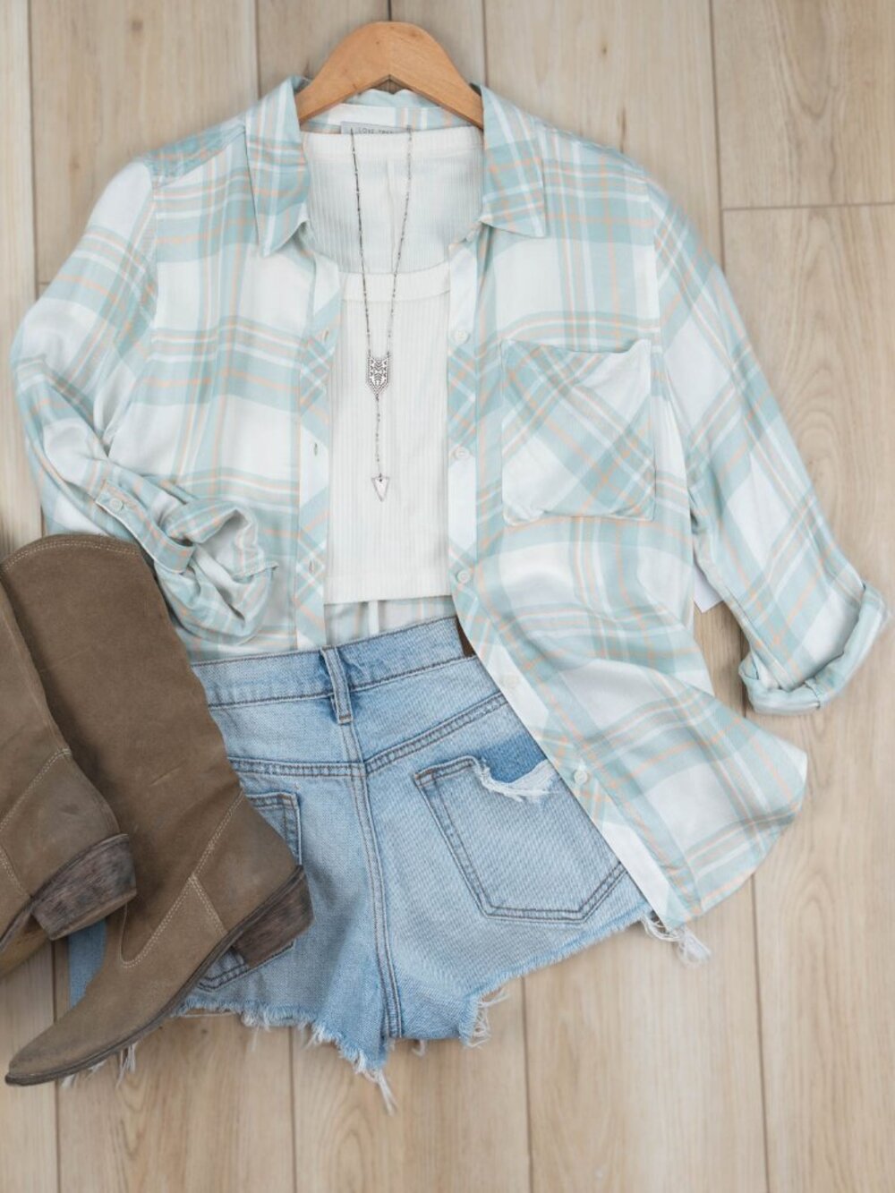Lightweight Plaid Button-Up Top - Mint Green - Picture 11 of 15